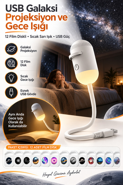 Ayers 12 Film Diskli 2’si 1 Arada USB Galaksi Projeksiyon ve Gece Lambası, Yı...