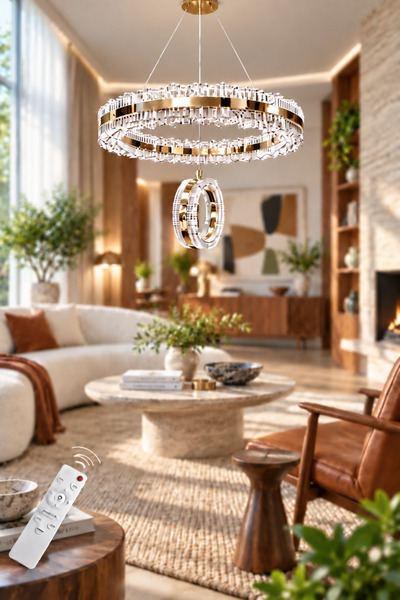 Star Gold Kaplamalı Çift Yönlü Aydınlatmalı Kumandalı Dimmerli 3 Renk Ledli Avize - Çap 40 cm