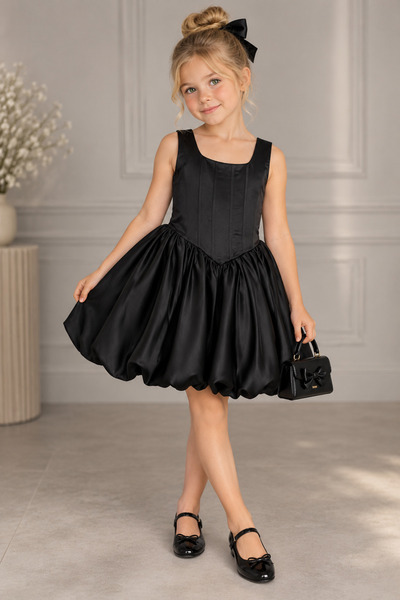 EYLÜL ELİF BUTİK Girl's Black Satin Balloon Skirt Graduation Wedding Dress