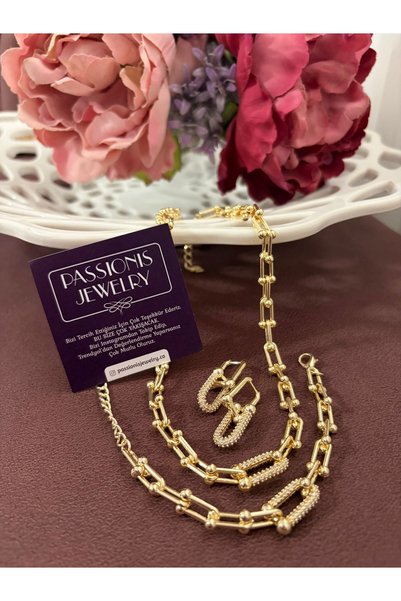 Passionis Jewelry Gold Chain Model Zircon Stone Necklace - Bracelet - Earrings