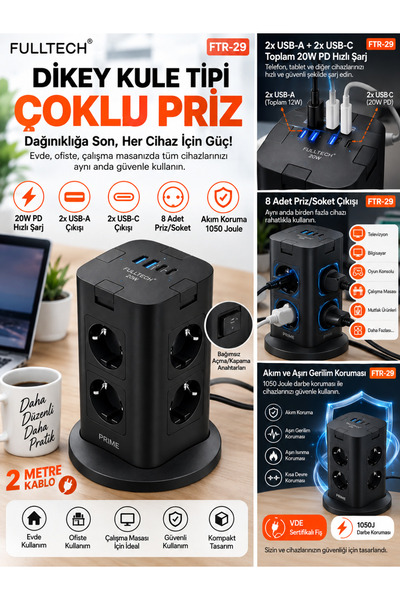 VEROXA Fulltech Ftr-29 20W Pd Dikey Çoklu Priz – 2xusb-A + 2xusb-C + 8’li Sok...