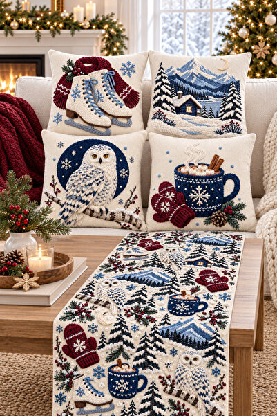 stellahomes Winter Themed Embroidery-Looking 4-Piece Throw Pillow Cover and R...