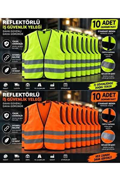 REFLEKTÖRLÜ İŞ GÜVENLİĞİ YELEĞİ 10 ADET MOTORCU YELEĞİ İKAZ YELEĞİ