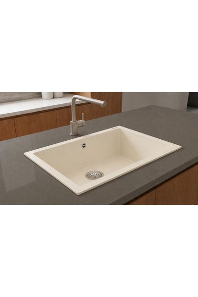 GÜNEY ANKASTRE RealStone K013 GORDION 77 77×47,5 cm Krem Granit Evye + Tekli Sifon ve Montaj Takımı Seti