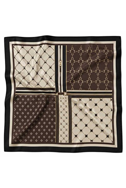 Mavero Zincir ve Geometrik Desenli 50x50 Siyah Kahve Saten Kadın Fular Bandana