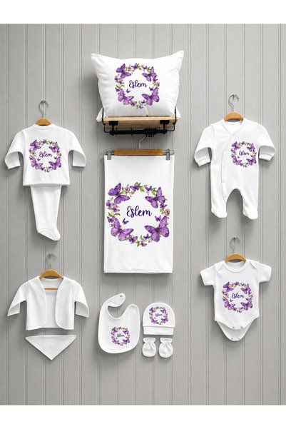 babyqold Kişiye Özel İsimli Kız Bebek Hastane Çıkışı Mor Kelebek Desenli Yenidoğan Bebek Seti