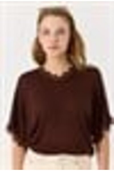 Juuuj Brown Soft Textured V-Neck Bat Sleeve Lace Detailed Knitted Sweater Blouse