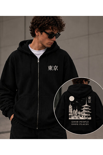 Dupe Design Japan Tokyo Printed Oversize Black Zipper Hoodie – Unisex Front a...