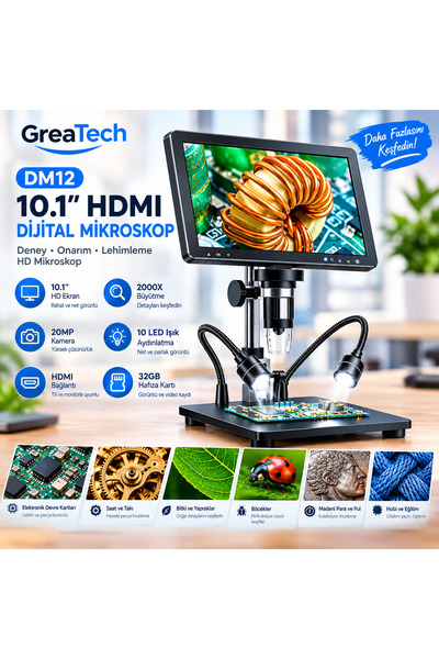 GreaTech DM12 10.1 inç HDMI Dijital Mikroskop 2000X 20MP Deney Onarım Lehimleme HD Mikroskop