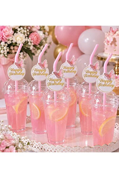 Büşra Süsleme HAPPY BİRTHDAY PEMBE KELEBEK TEMALI DOĞUM GÜNÜ SÜSÜ PİPETİ 10 ADET