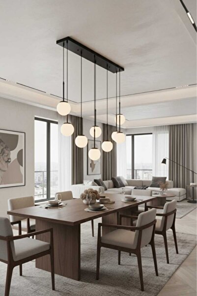 BSA LIGHTING RİVA SİYAH 8'Lİ YEMEK MASA ÜSTÜ MODERN SARKIT SIRALI AVİZE(BEYAZ CAMLI)