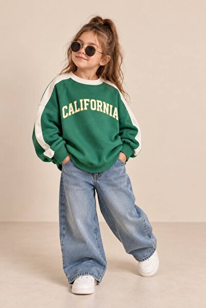 ZUZİ baby Unisex Çocuk Yeşil, Baskılı Sweatshirt- Bisiklet Yaka, Şerit Detaylı