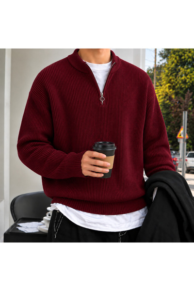 threeoff Men's Half Zippered Thessaloniki Knitwear Sweater High Collar Oversi...
