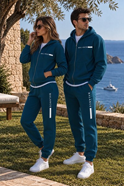 Combineman35 BALANCE Unisex Petrol Mavisi Kapüşonlu Fermuarlı Eşofman Takımı – Premium Çift Kombin