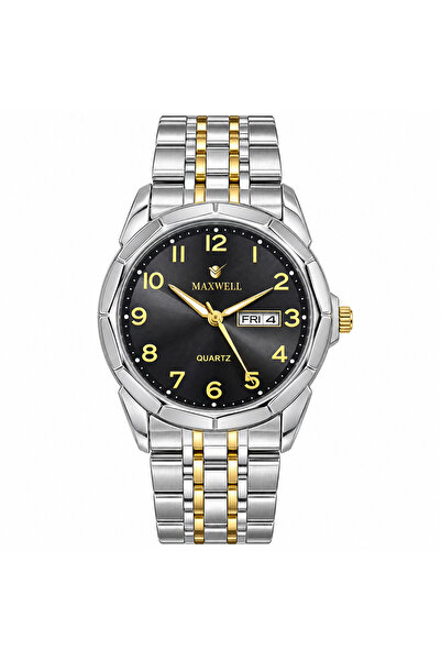 Maxwell Quartz Watch with Black Dial, Silver-Gold Bracelet and Day-Date Display