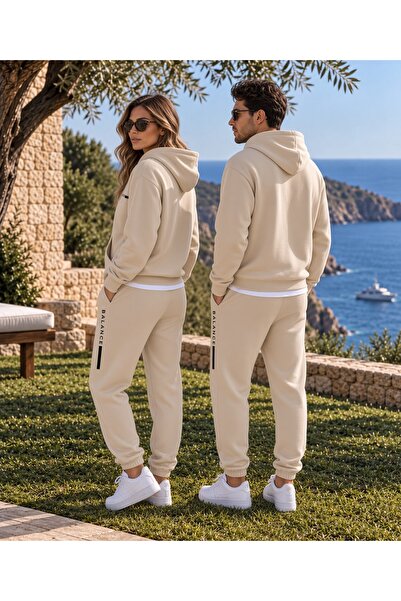 Combineman35 BALANCE Unisex Bej Kapüşonlu Fermuarlı Sweatshirt Jogger Eşofman Takımı – Premium Çift Kombin