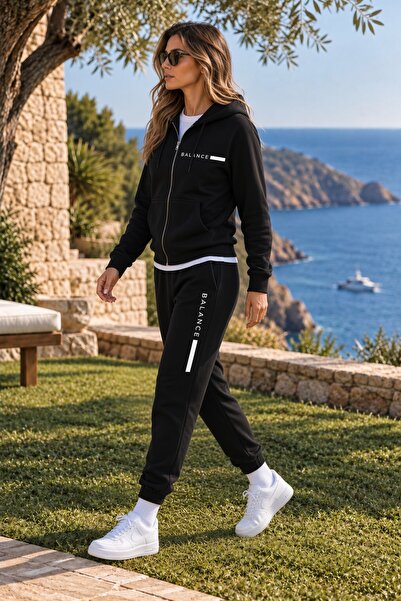 Combineman35 BALANCE Kadın Siyah Kapüşonlu Fermuarlı Eşofman Takımı – Jogger Pantolonlu Premium Spor Kombin