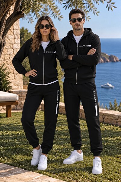 Combineman35 BALANCE Unisex Siyah Kapüşonlu Fermuarlı Eşofman Takımı – Premium Çift Kombin