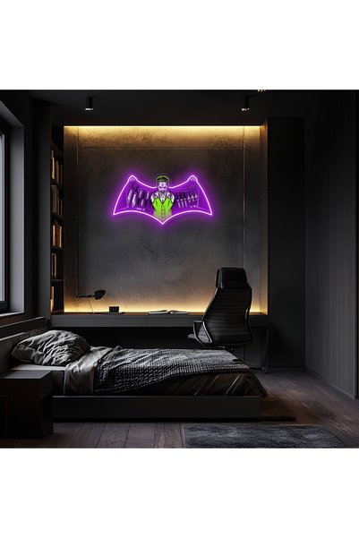 Peony Wood Craft Joker Temalı Neon Duvar Dekoru | Mor Yeşil Pleksi UV Baskı L...