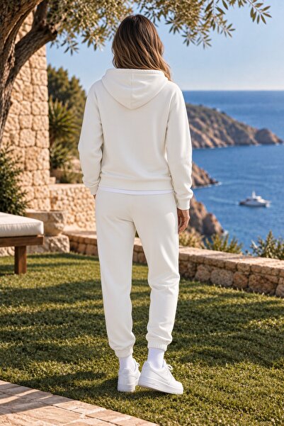 Combineman35 BALANCE Kadın Beyaz Kapüşonlu Fermuarlı Eşofman Takımı – Jogger Pantolonlu Premium Spor Kombin