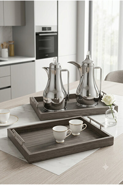 Generic Luxury 1+1 Silver Shine Tea Coffee Set with Wooden Serving Trays Eleg...