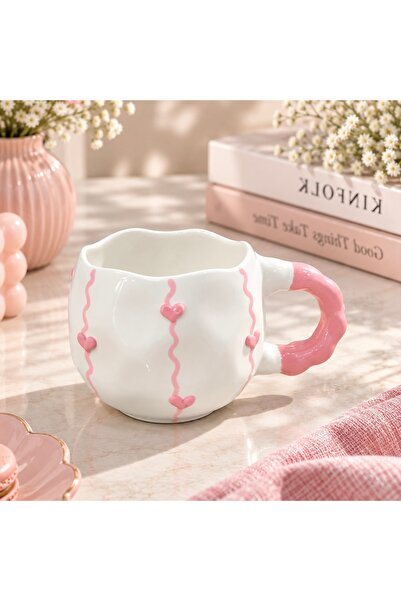 Çağ Seramik Pembe Kalp Desenli El Yapımı Seramik Kupa – Pembe Kulplu Krem Kah...