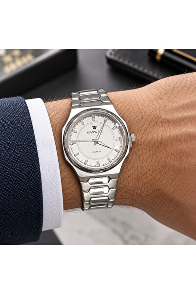 Maxwell ساعة يد كوارتز تناظرية بسوار معدني فضي ومينا فضية Quartz Analog Wrist Watch with Silver Metal Strap and Silver Dial