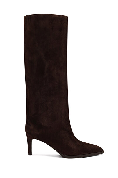 Derimod Women's Brown Thin Heeled Suede Leather Boots Af530006Ds