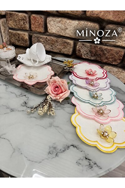 MİNOZA منديل تقديم من القماش المقاوم للبقع بتطريز مزدوج الصفوف مع دبوس زهرة ا...