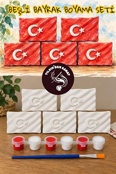 Beşli Bayrak Taş Boyama Seti (5 Taş Obje + 6 Renk Boya + 1 Fırça + Boyama Sertifikası)