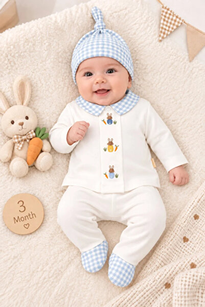 Tuğra Bebe Rabbit Embroidered 5-Piece Newborn Baby Hospital Discharge Set 100% Cotton