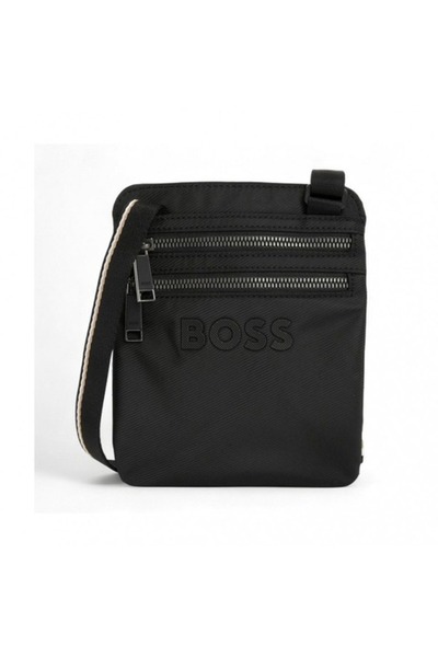 BOSS Erkek Logo Kabartmalı Fermuar Bölmeli Uzun Askılı Siyah Omuz Çantası