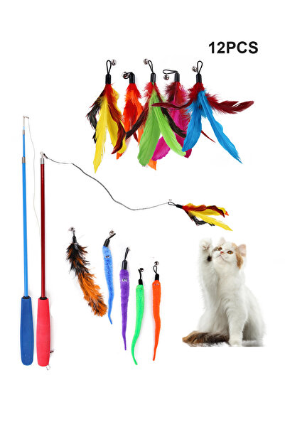 KidLe 12 PCS Indoor Cat Toys Pet Interactive Teaser Stick Set Cat Feather Sti...