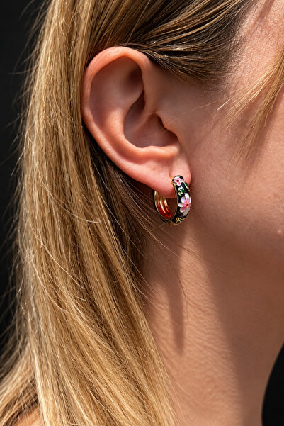 ByMerve Bym233-1 Women's Black Enameled Pink Floral Patterned Gold Detailed V...