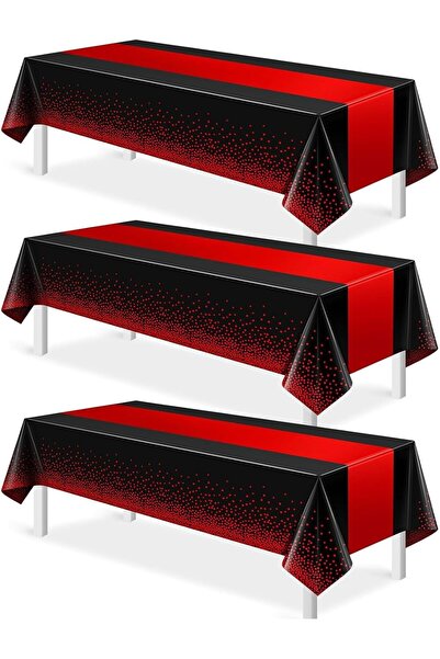 Arabest 3 Pcs Disposable Plastic Tablecloth,Black with Red Dot Runner Print,1...