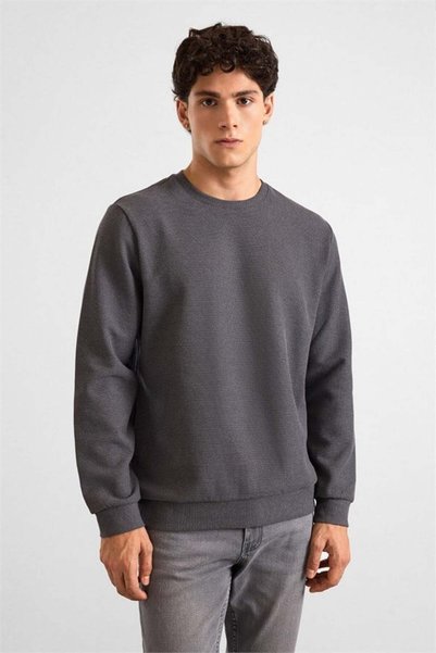 SÜVARİ Gri Regular Melanjlı Baskısız Waffle Bisiklet Yaka Cepsiz Düz Sweatshirt