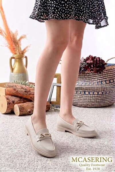 MCASERING Günlük Kadın / Kız OXFORD Kolej Loafer Ayakkabı Bej G Tokalı