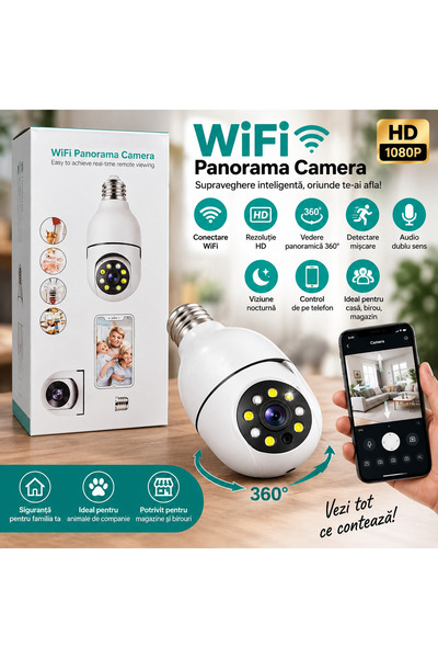 Generic Brand Cameră de Supraveghere WiFi Panoramică 360°, HD, Vedere Nocturn...