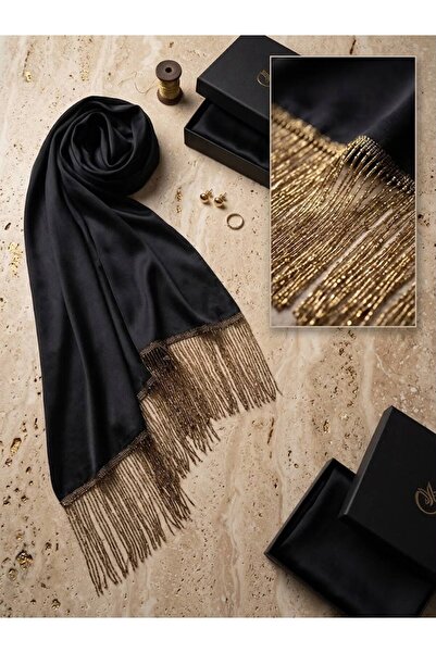 Pasaklı Giyim Women's Black Janjan Crepe Gold Glitter Tassel Shawl Nk-004700