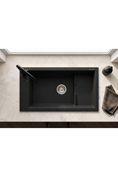 GÜNEY ANKASTRE RealStone P023 KNIDOS 82,5×46 cm Siyah Granit Evye + Çiftli Si...