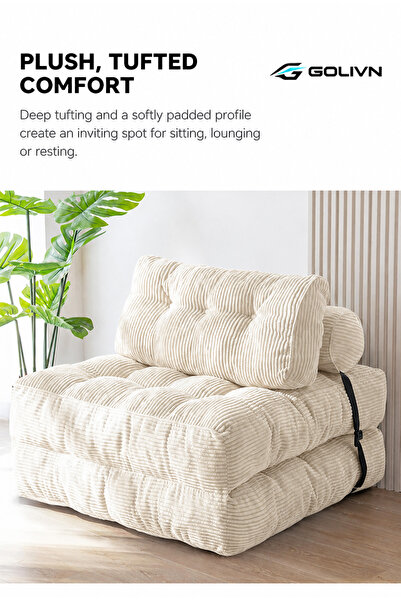 Golivn Convertible Foldable Sofa Bed Chair, Tufted Corduroy Sleeper Chair wit...