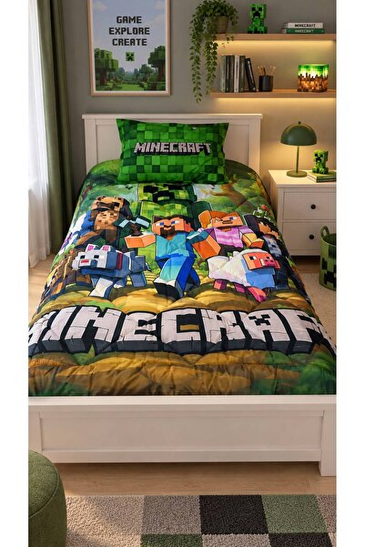 EVSEHOMES Minecraft Temalı, Tek Kişilik Welsoft Uyku Seti ( Çarşaflı )