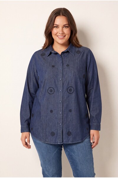 RMG Stone Detailed Plus Size Denim Shirt Navy Blue