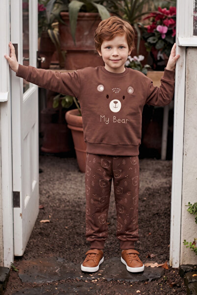 Fulla Moda Teddy Bear Embroidered Crew Neck Boys' 2-Piece Set
