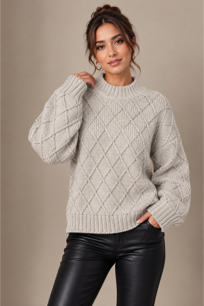 EGEMS TRİKO Women's Winter Diamond Patterned Knit Sweater