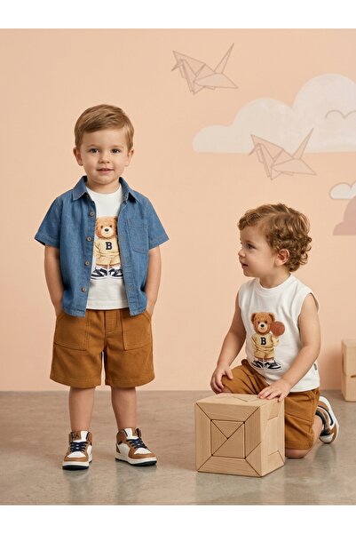 Top Kids Summer Boys Trendy Fashion 3 Piece Set Blue Denim Shirt + White Bear...