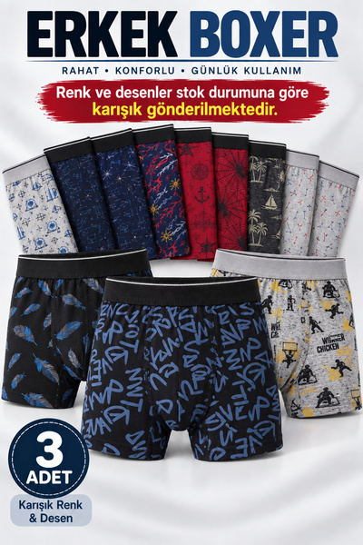 Alıç Boxeri pentru bărbați, 3 bucăți, din bumbac, cu culori și modele asortat...