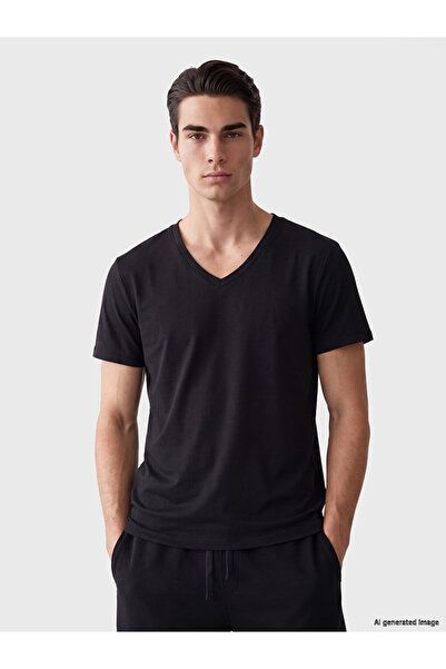 LC Waikiki Vizyon New Season Black V-Neck Men's T-Shirt