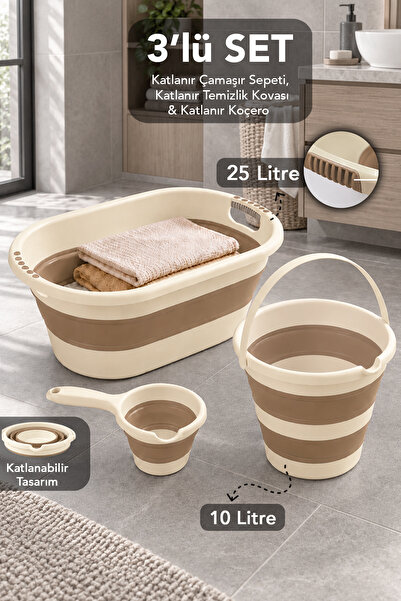 Meleni Home 3'lü Temizlik Seti - Katlanabilir Silikon Kulplu 25Lt Çamaşır Sep...