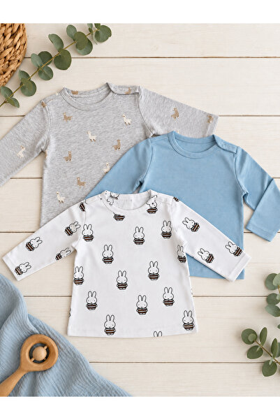 Panfilia %100 Pamuk Unisex 3'lü Uzun Kollu İnce Mevsimlik Bebek T-Shirt / Kız...